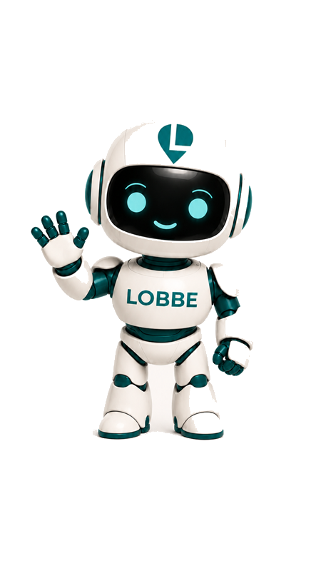 LOBBE, ein freundlicher weißer Roboter mit Petrol-Akzenten, winkt